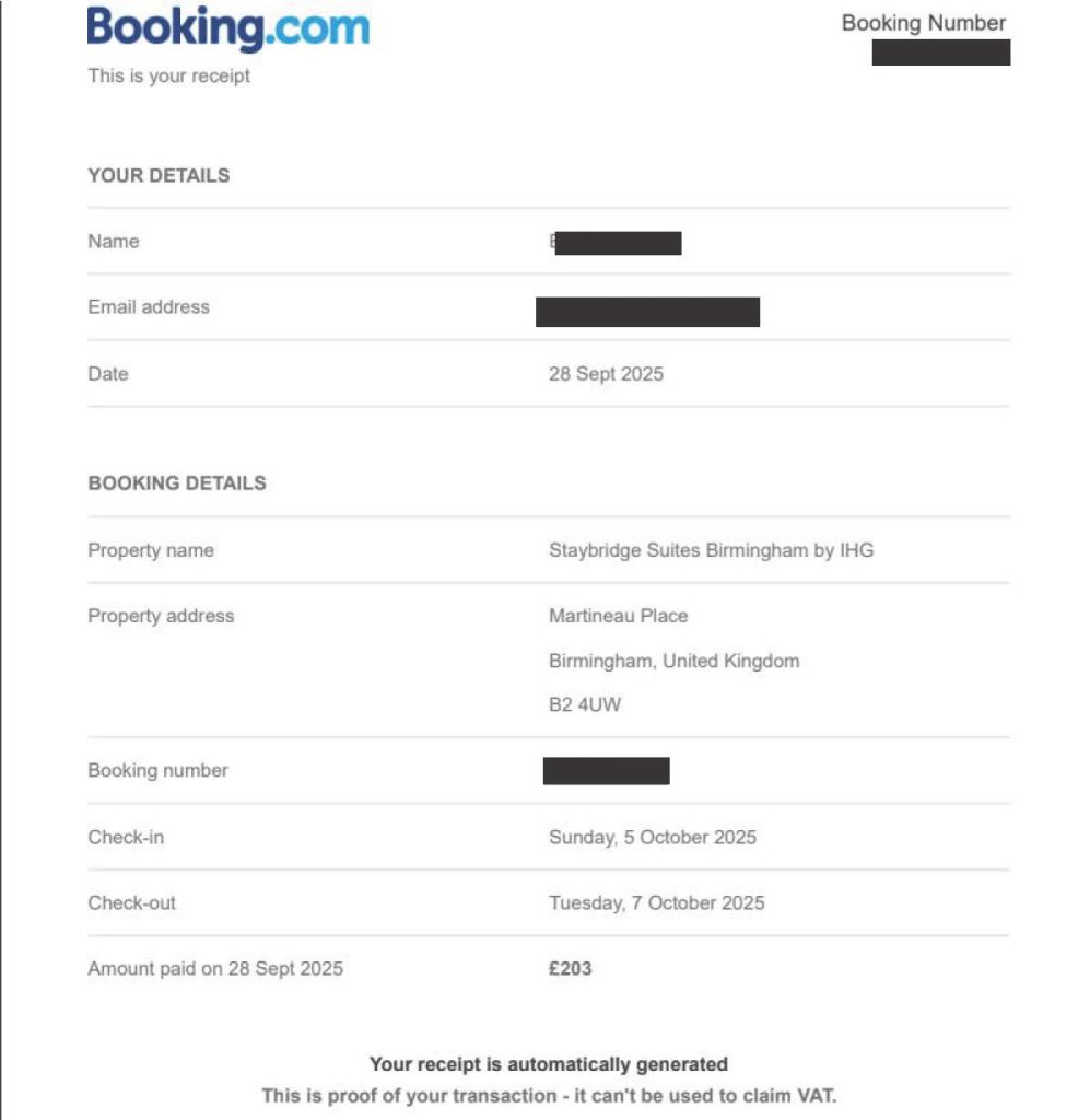 Booking.com receipt with payment confirmation Redacted