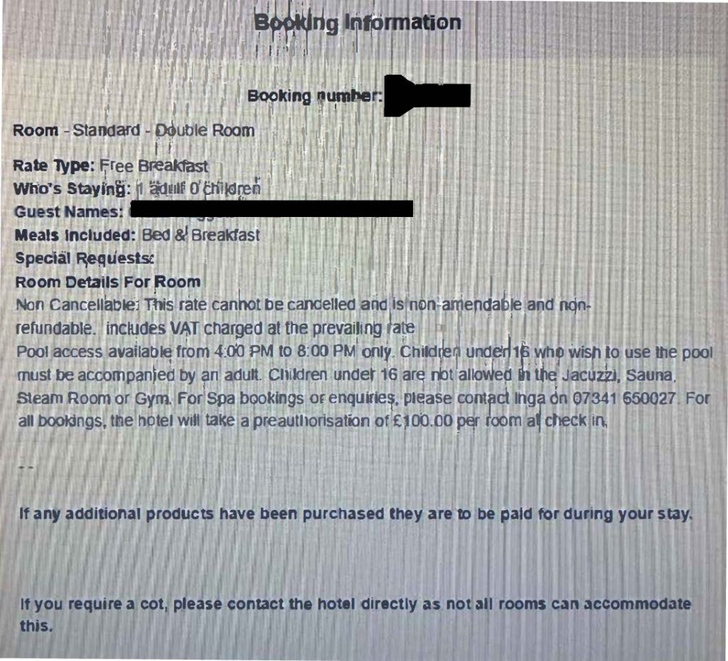 Hotel no hotel name dates or breakdown of costs or payment details Redacted 1
