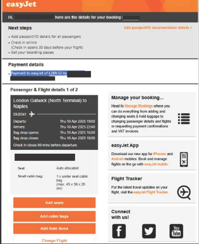 Plane Easyjet online booking email Redacted