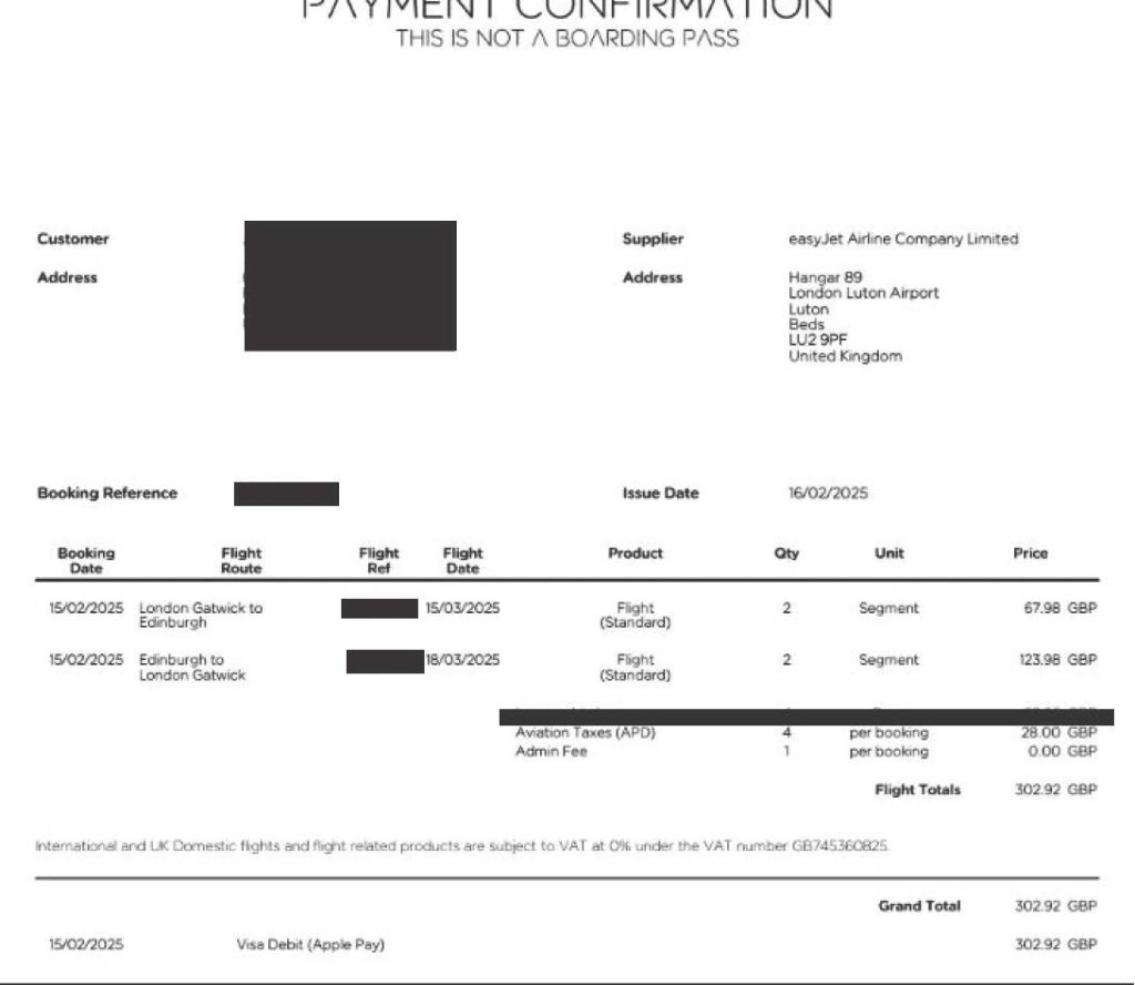 Plane Easyyet payment confirmation via website Redacted