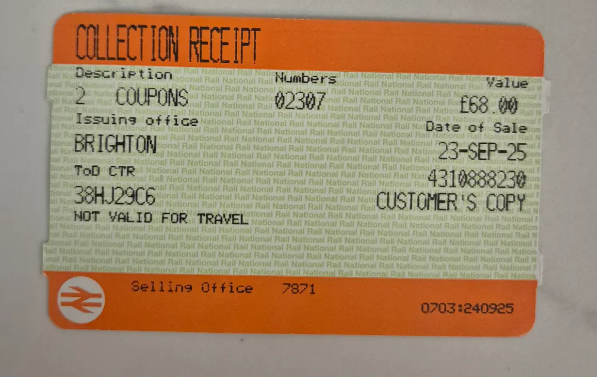 Train paper receipt without ticket proof of journey and travel dates