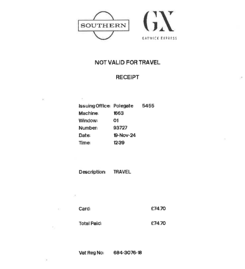 Train payment reciept from ticket office without evidence of journey and dates of travel