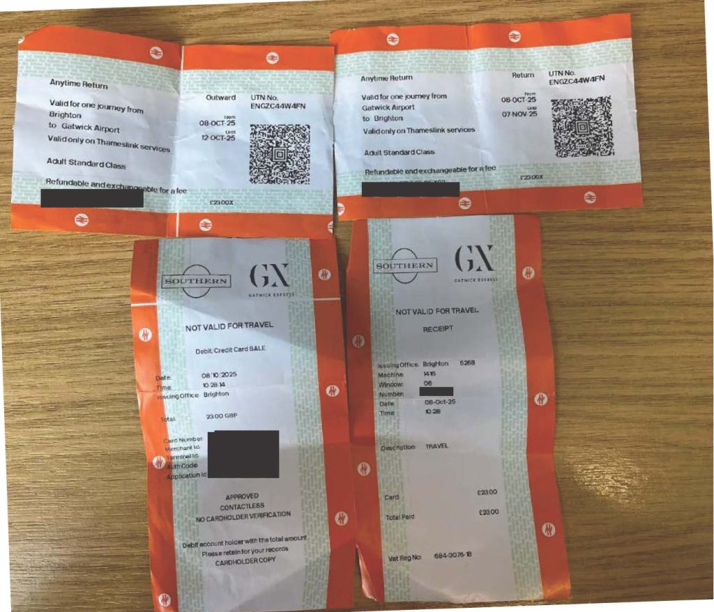 Train ticket paper ticket credit card receipt from ticket office Redacted