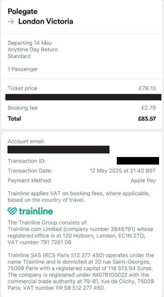 Trainline expenses receipt via app Redacted