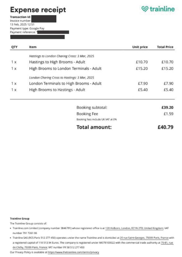 Trainline expenses reciept via website Redacted